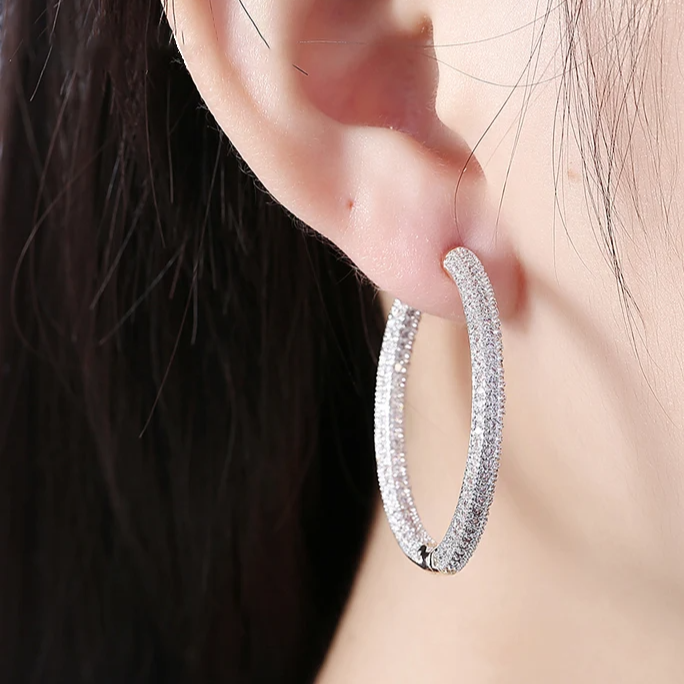 Large Hoop Earring Studded with Zirconias (925 Sterling Silver)
